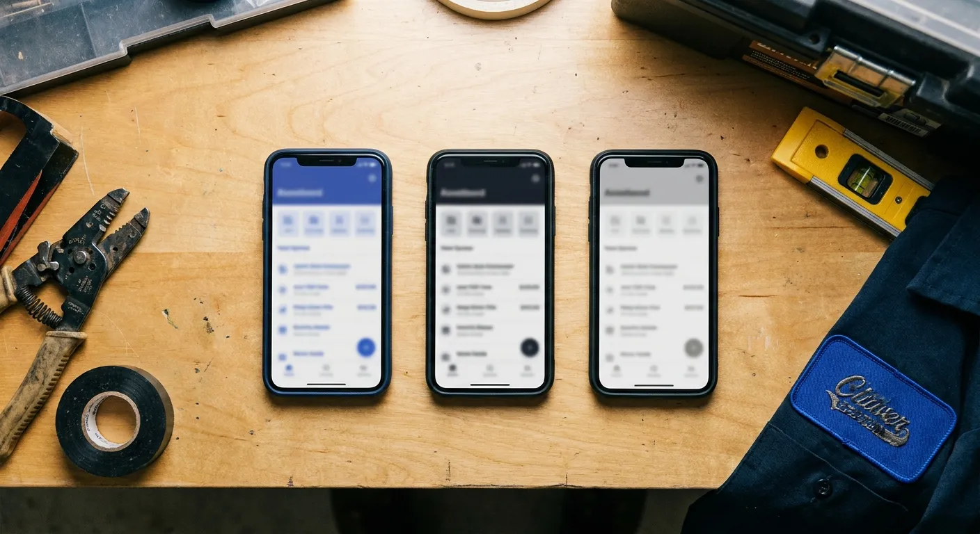 Three phones side-by-side on a workbench showing the Joist, Invoice Simple, and Square Invoices apps with sample electrical-service invoices on each screen