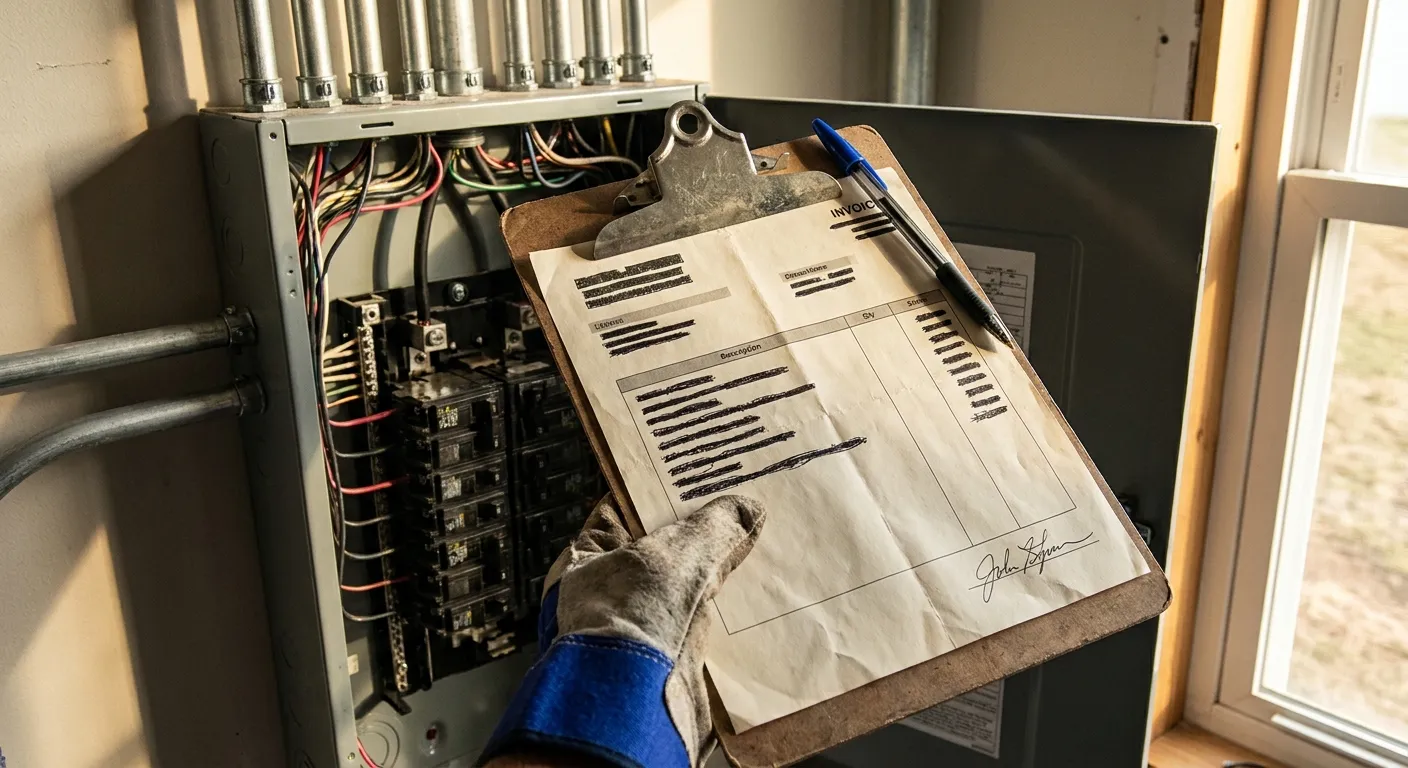 Signed invoice on a clipboard resting on a finished gray breaker panel install, late-afternoon light, scope-of-work and signature visible on the top sheet