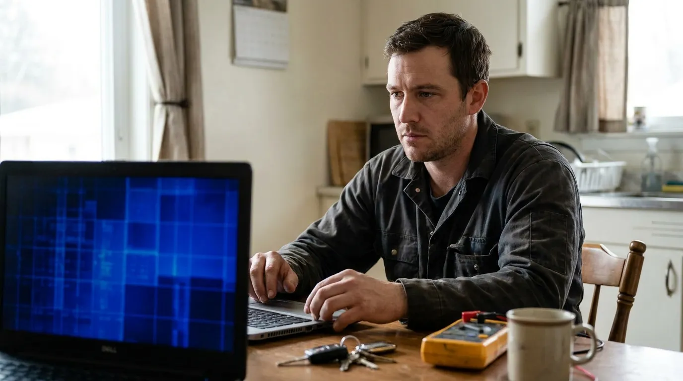 Solo electrician at a kitchen-table workbench with a laptop showing a calendar, van keys on the table