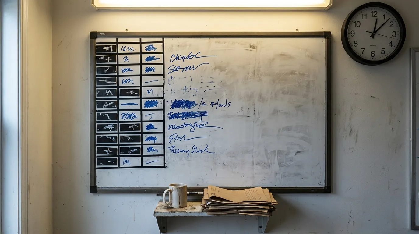 Whiteboard in a small electrical shop office with magnetic name strips and the day's calls written in dry-erase marker