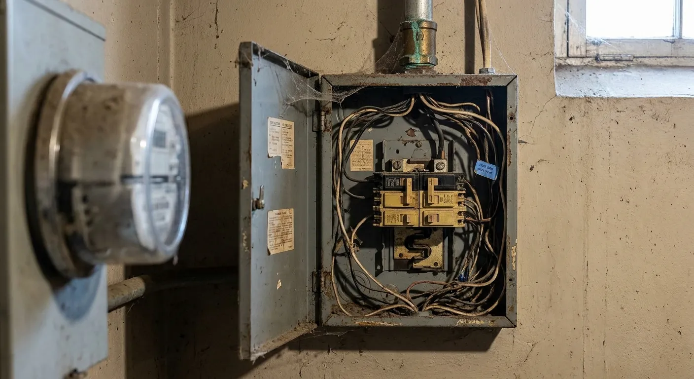 Weathered 1970s 100 A residential main panel and original glass-dome meter base before the EV-triggered service upgrade