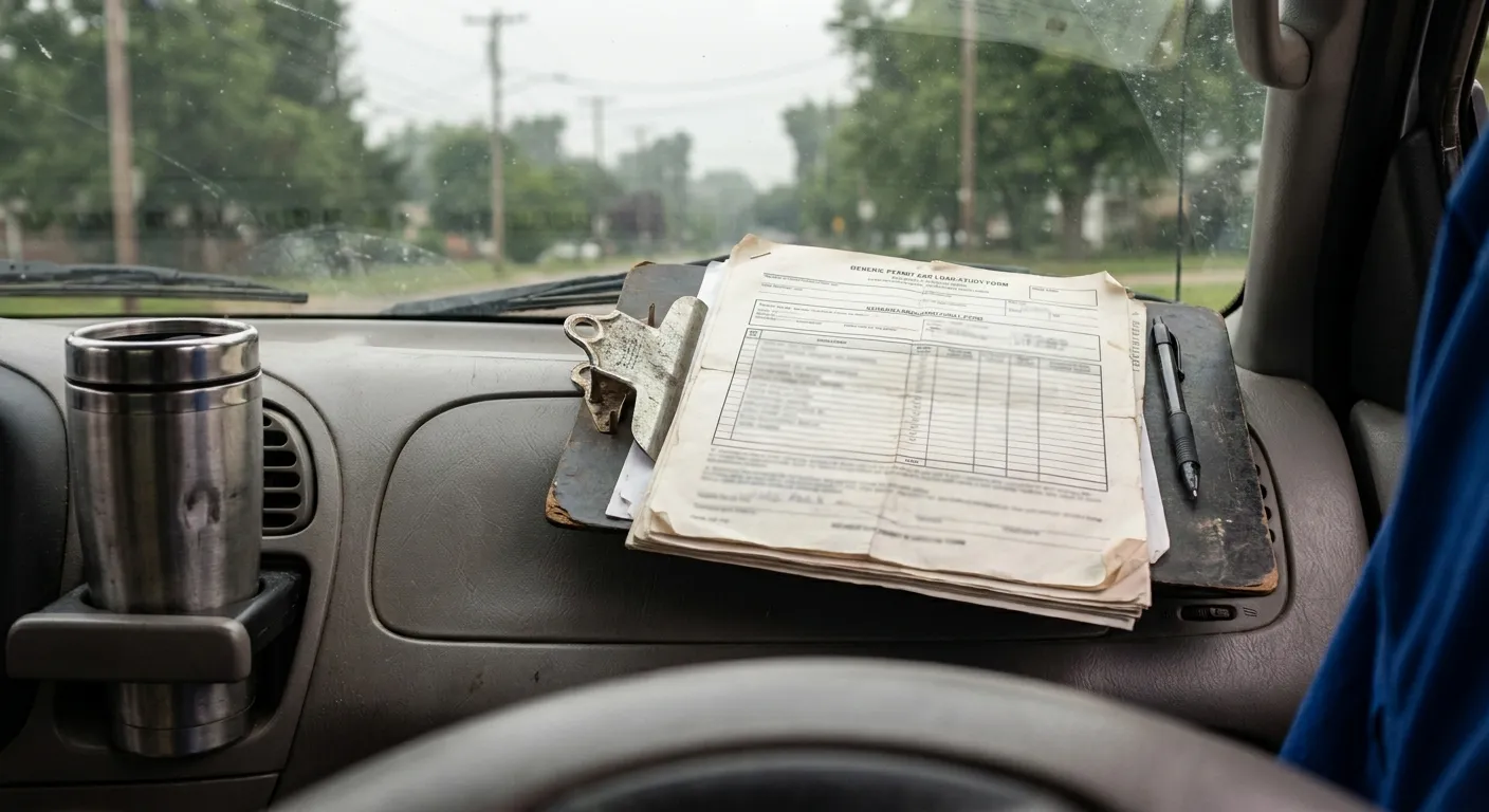 Utility coordination paperwork clipped to truck-dash clipboard