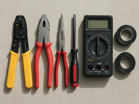 Electrician's hand tools on concrete