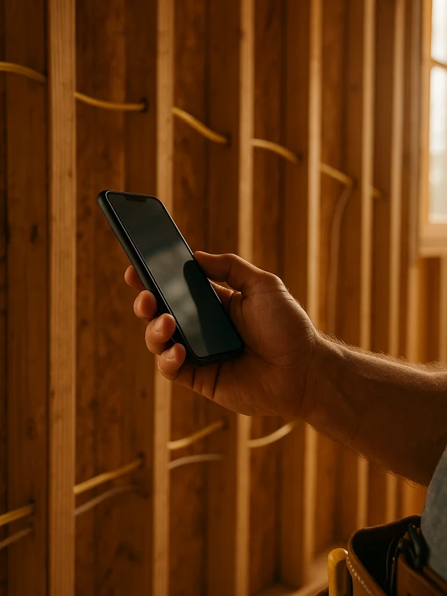 Electrician checking phone on a construction site