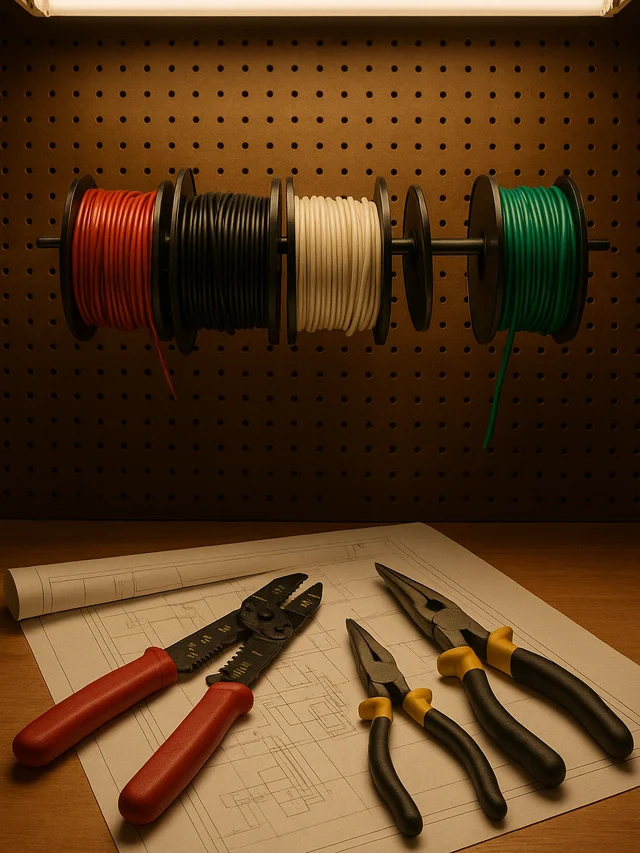 Electrical workbench with wire spools and tools