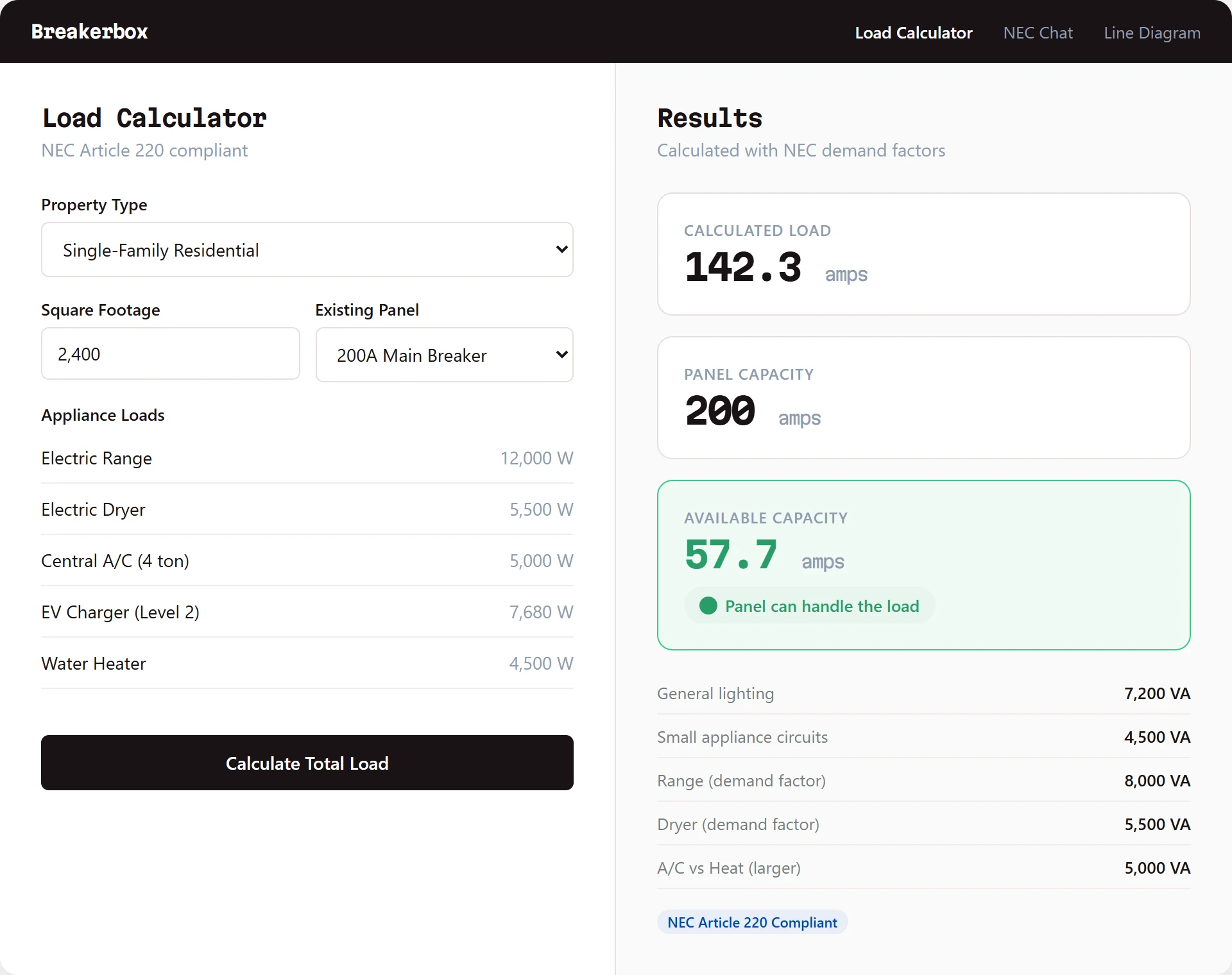 Breakerbox Load Calculator interface