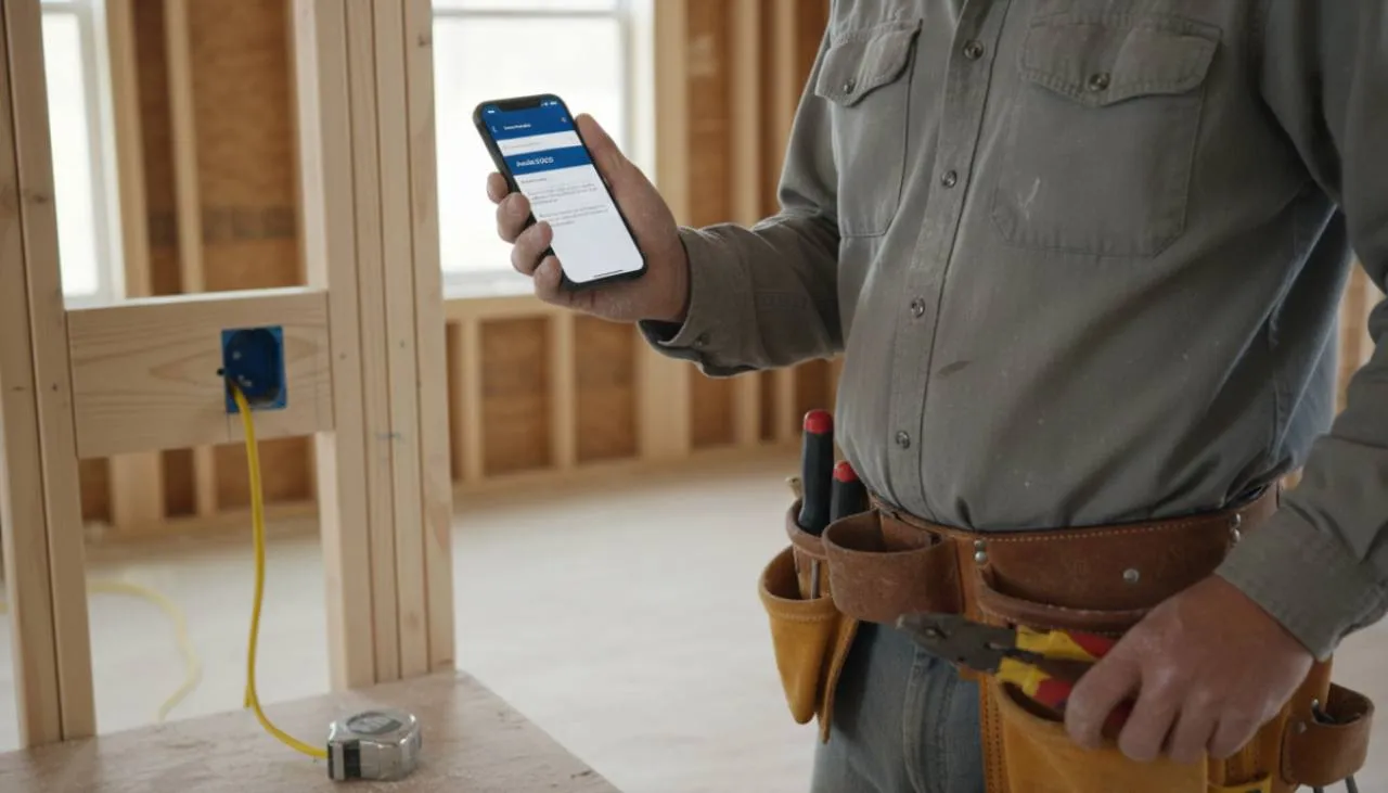 Electrician looking up an NEC article on a phone during a rough-in